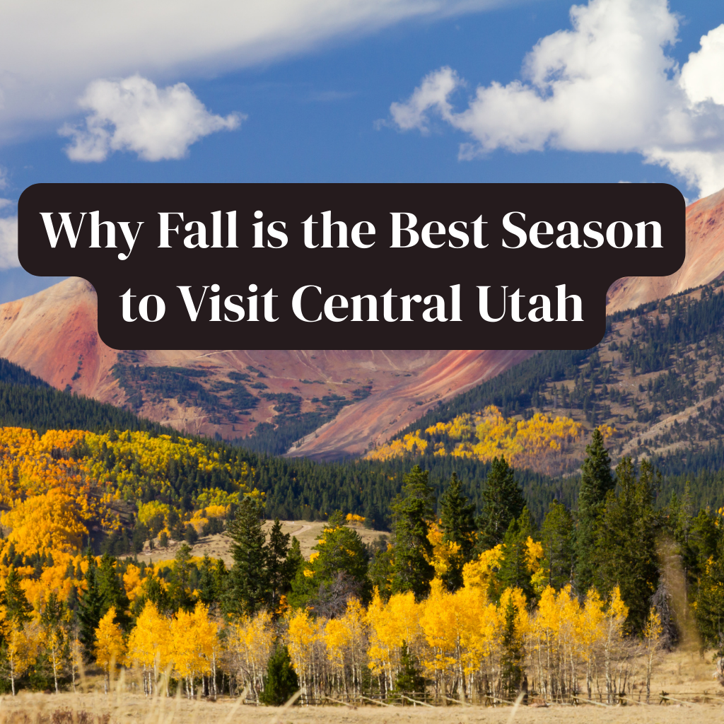 Golden aspen trees with red and orange mountain slopes in Central Utah, promoting the blog “Why Fall is the Best Season to Visit Central Utah.”