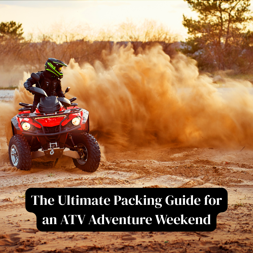 Rider in black gear and neon green helmet kicking up sand on a red ATV, promoting the blog “The Ultimate Packing Guide for an ATV Adventure Weekend.”